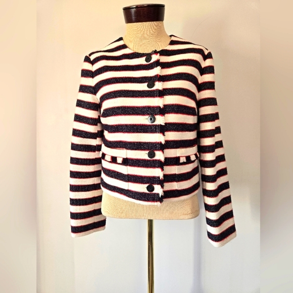 BANANA REPUBLIC cropped striped cotton Jacket - Black, White, Red.  Size 6P - Picture 1 of 9